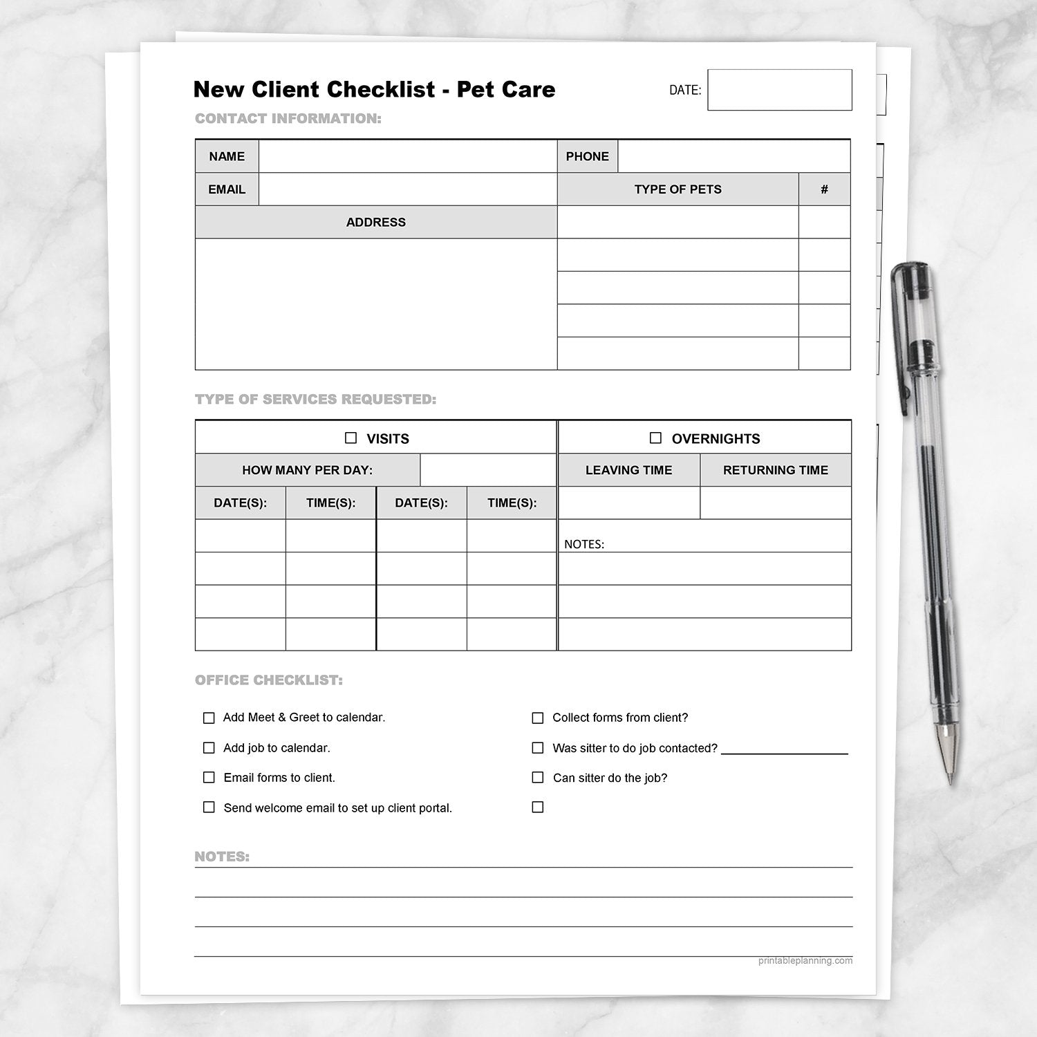 Printable Pet Care - New Client Checklist, Visits and Overnights at Printable Planning