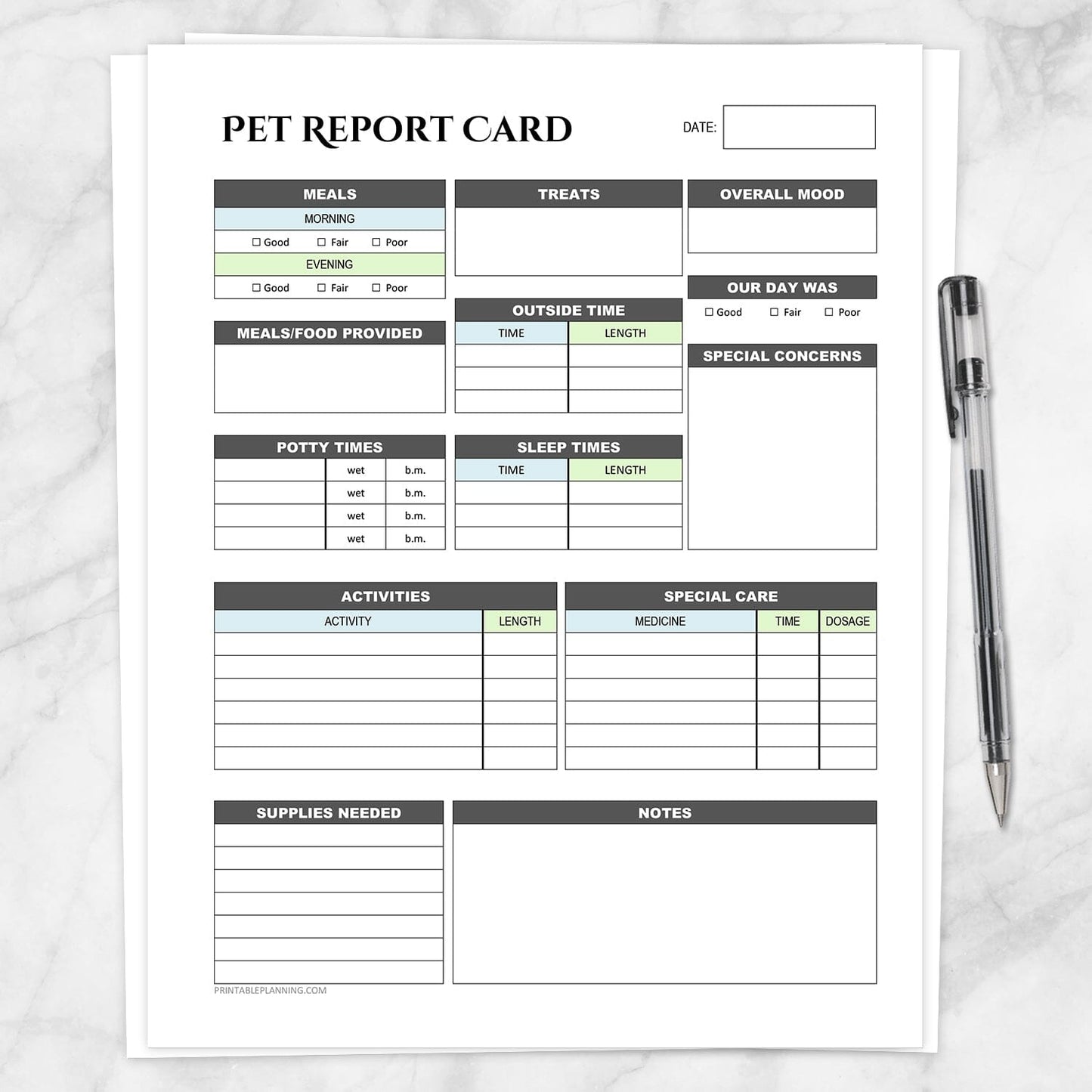 Printable Pet Report Card - Daily Care Sheet - Blue & Green at Printable Planning