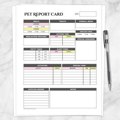 The printable Pet Sitter Daily Care Log & Report Card with Pink and Yellow accents on a marble surface with a pen.