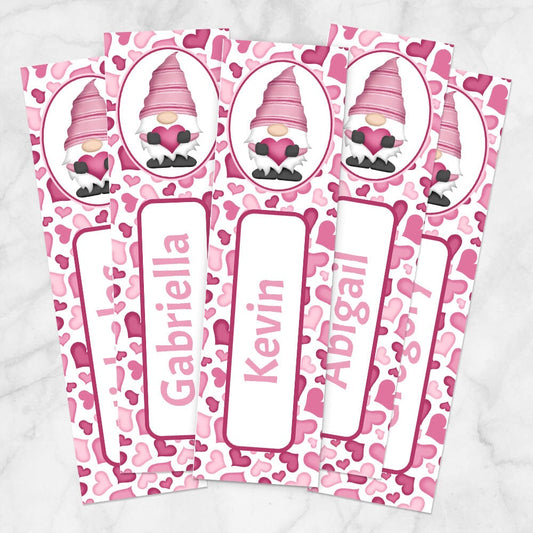 Printable Personalized Pink Gnome Hearts Bookmarks at Printable Planning. Print 5 bookmarks per printed page.