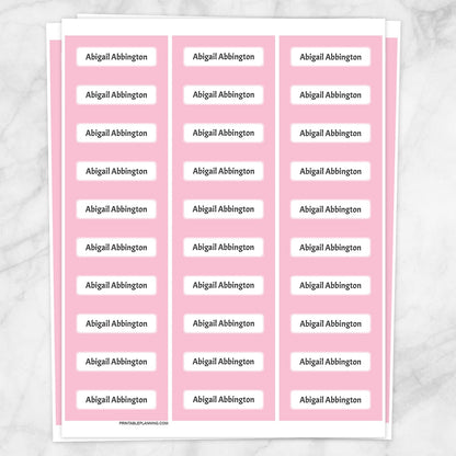 Printable Pink Border Name Labels for School Supplies at Printable Planning. Sheet of 30 labels.
