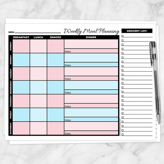 Printable Pink and Blue Weekly Meal Planning Page with Grocery List at Printable Planning