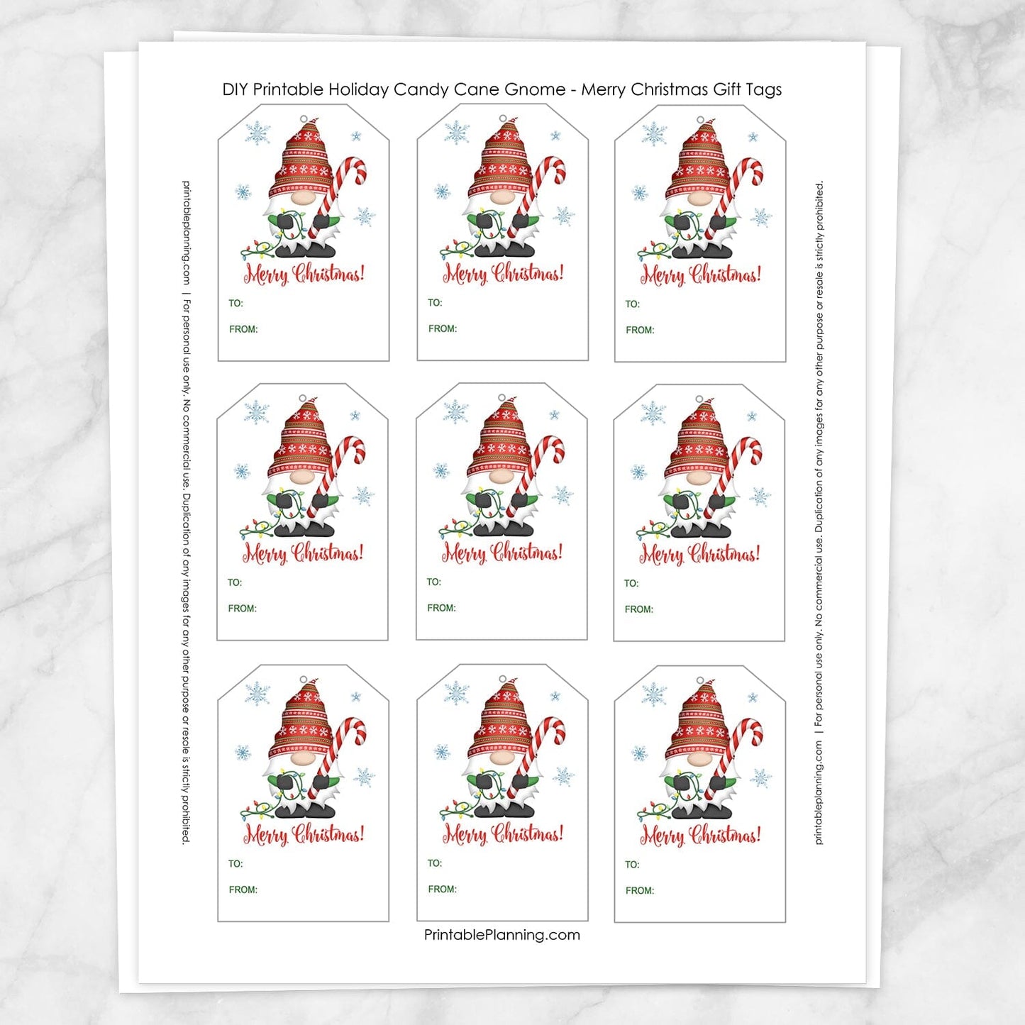 Printable Holiday Candy Cane Gnome Merry Christmas Gift Tags (9 on a page) at Printable Planning.
