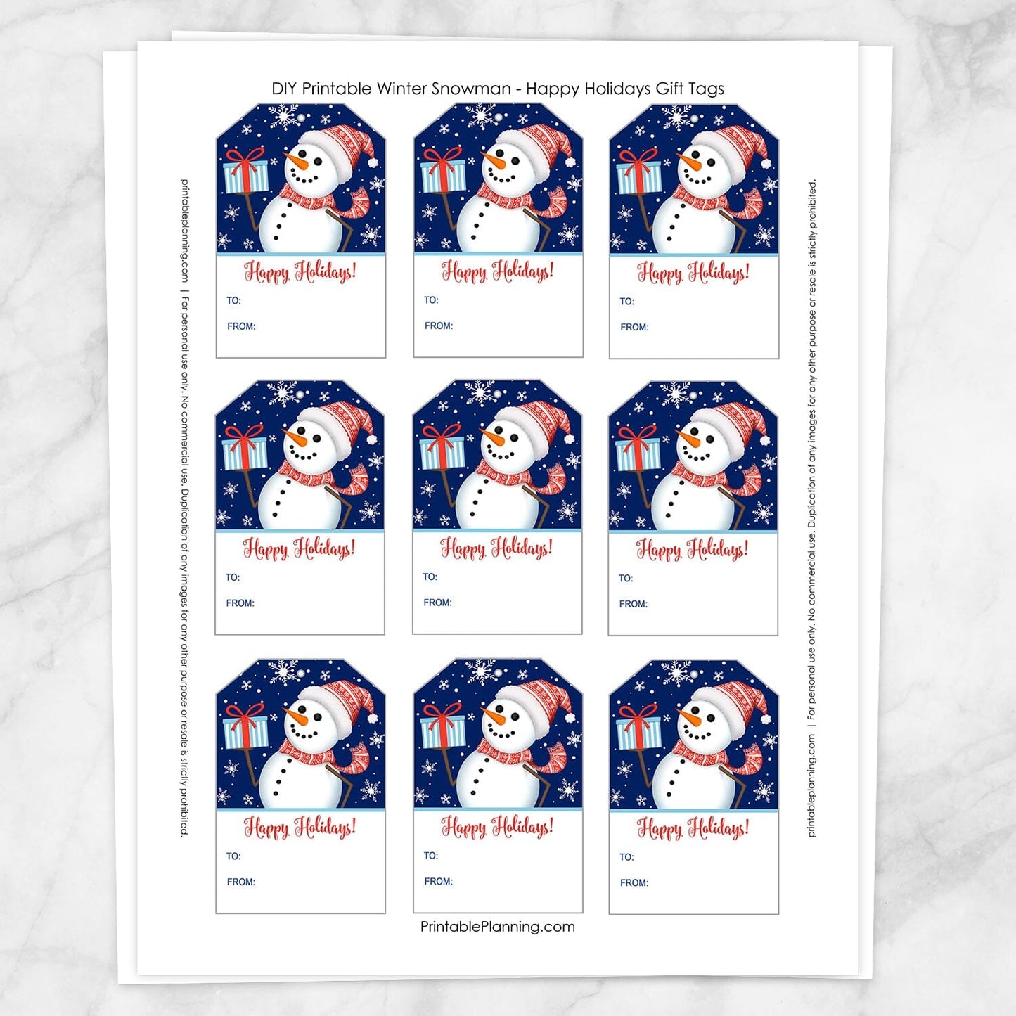 Printable Winter Snowman Happy Holidays Gift Tags from Printable Planning. Image shows full page when printed.