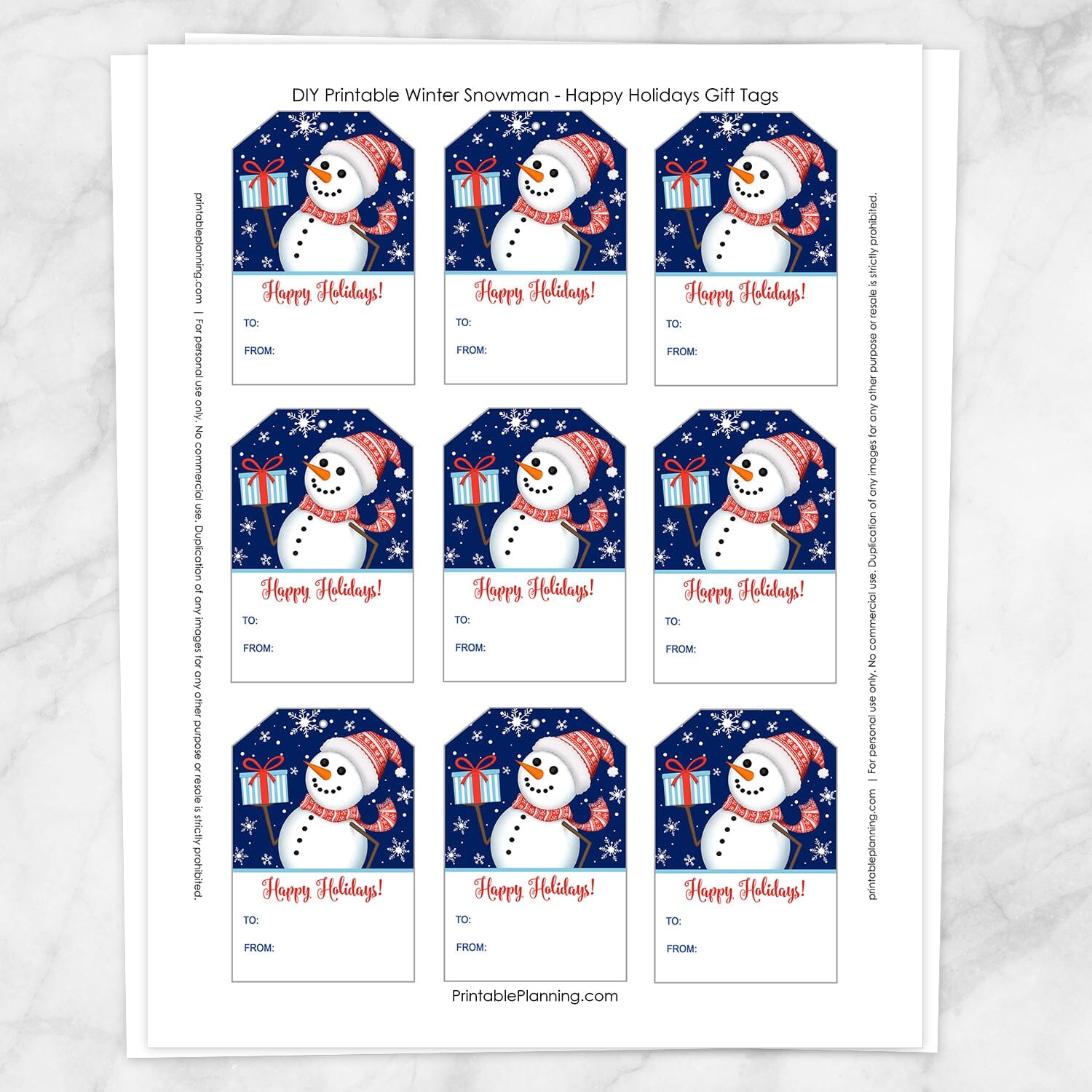 Printable Winter Snowman Happy Holidays Gift Tags from Printable Planning. Image shows full page when printed.