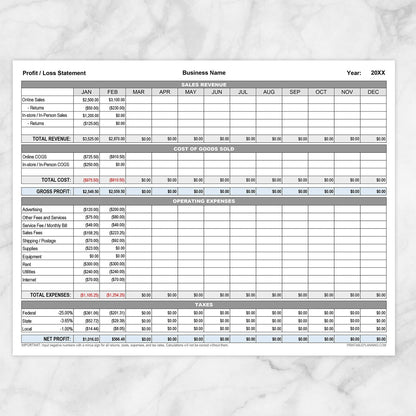 Profit Loss Statement with Auto-Calculating Totals - Printable, at Printable Planning