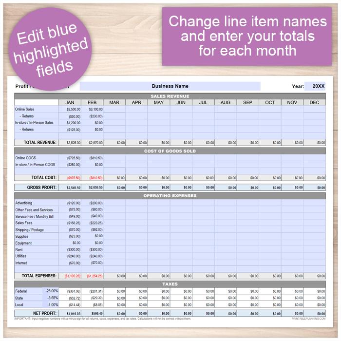 Profit Loss Statement with Auto-Calculating Totals - Printable, at Printable Planning