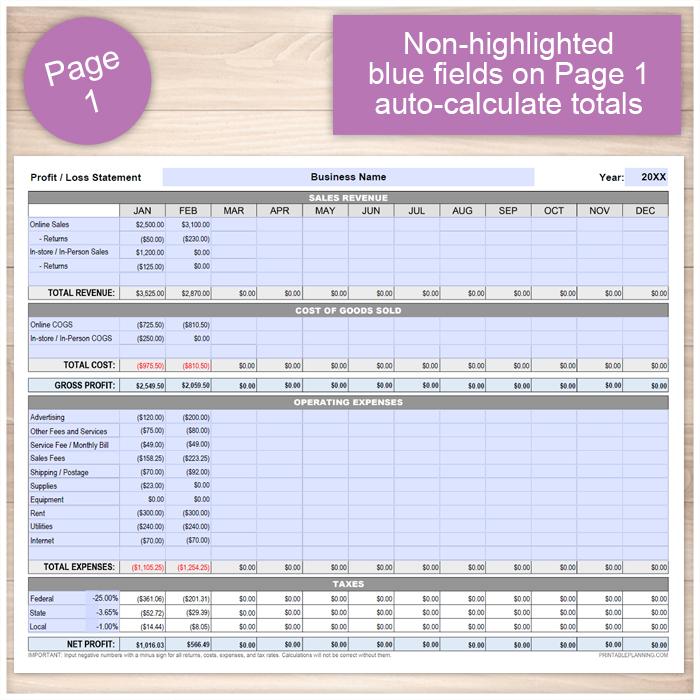 Profit Loss Statement with Auto-Calculating Totals - Printable, at Printable Planning