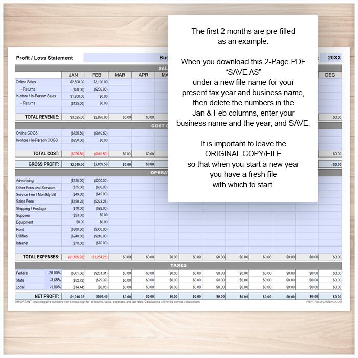 Profit Loss Statement with Auto-Calculating Totals - Printable, at Printable Planning