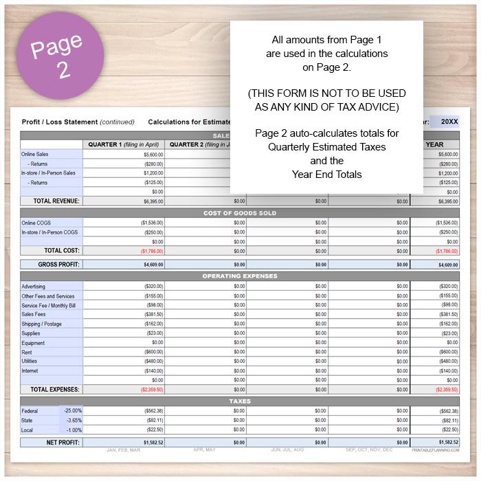 Profit Loss Statement with Auto-Calculating Totals - Printable, at Printable Planning