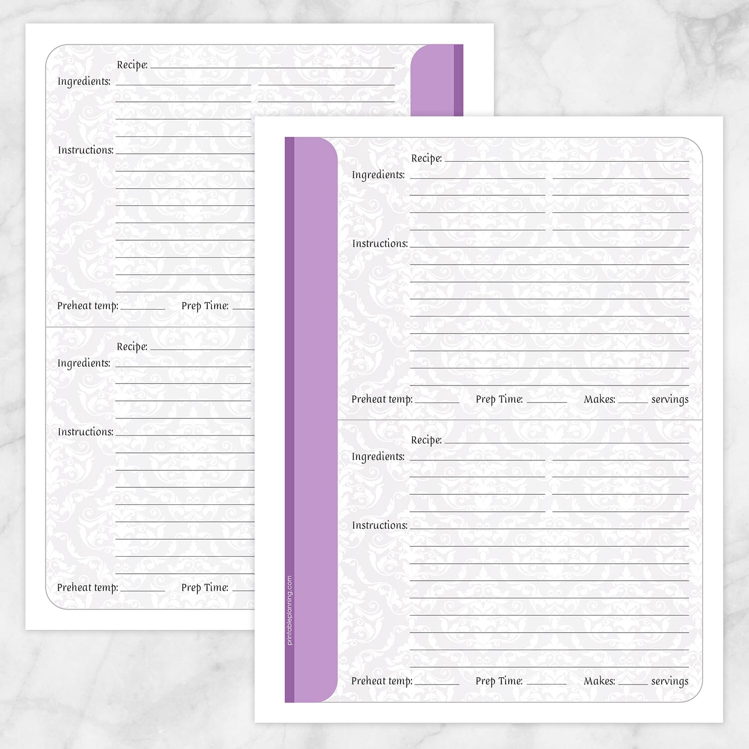 Printable Purple Damask Recipe Pages at Printable Planning