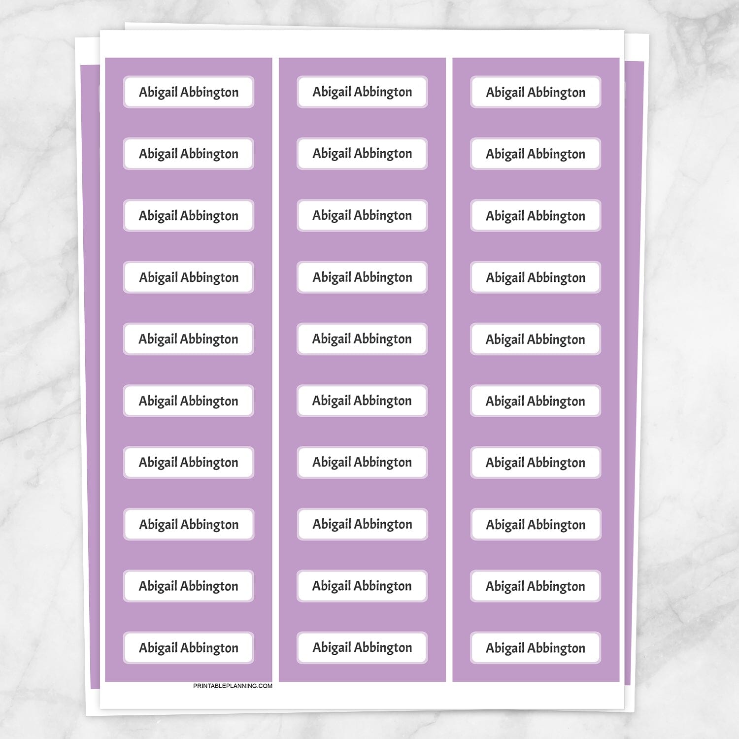 Printable Purple Border Name Labels for School Supplies at Printable Planning. Sheet of 30 labels.