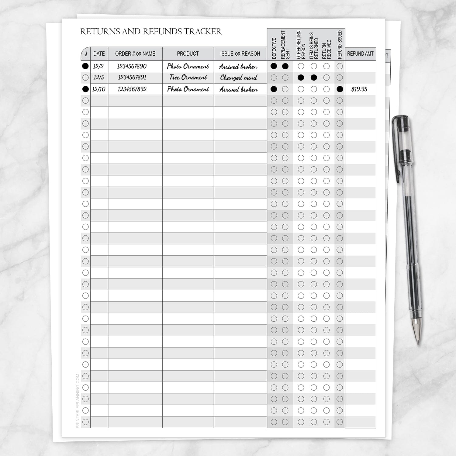 Printable Small Business Returns and Refunds Tracking Page with Status Columns with example writing at Printable Planning.