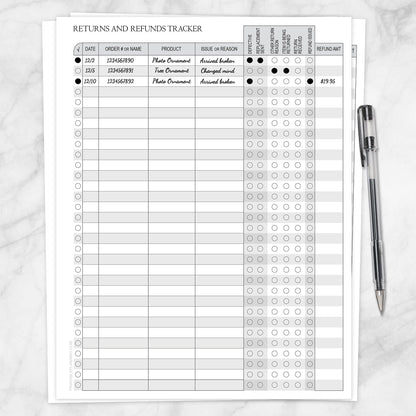 Printable Small Business Returns and Refunds Tracking Page with Status Columns with example writing at Printable Planning.