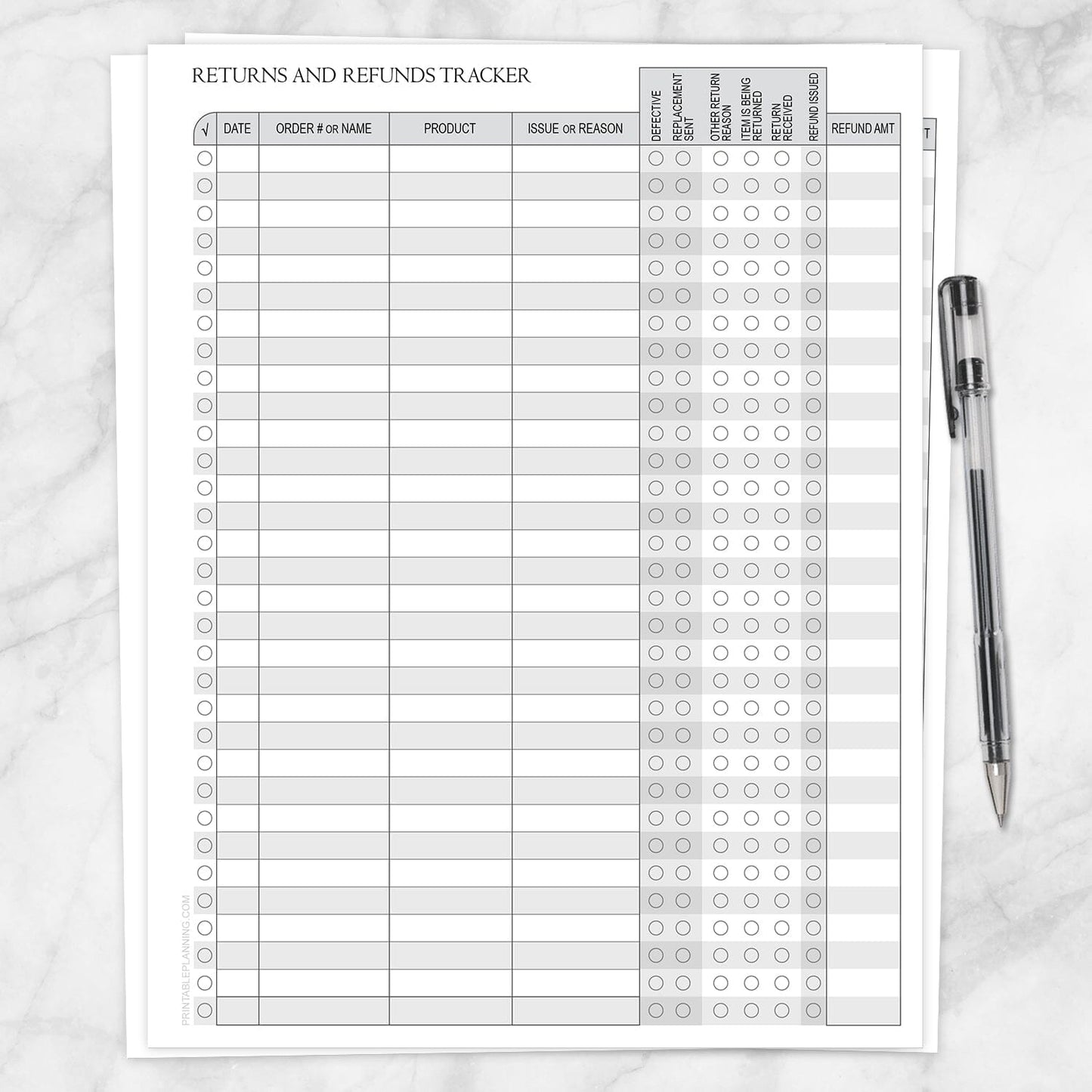 Printable Small Business Returns and Refunds Tracking Page with Status Columns at Printable Planning.