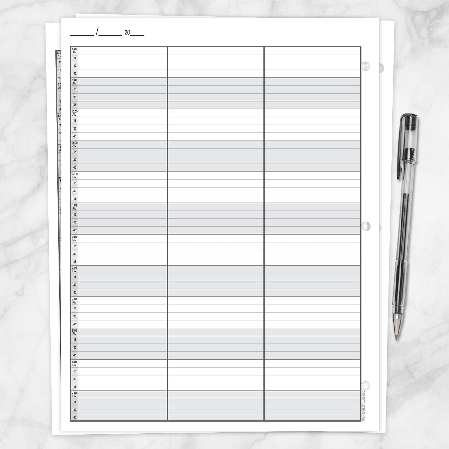 Printable Schedule Sheet in 15 Minute Increments, front and back at Printable Planning