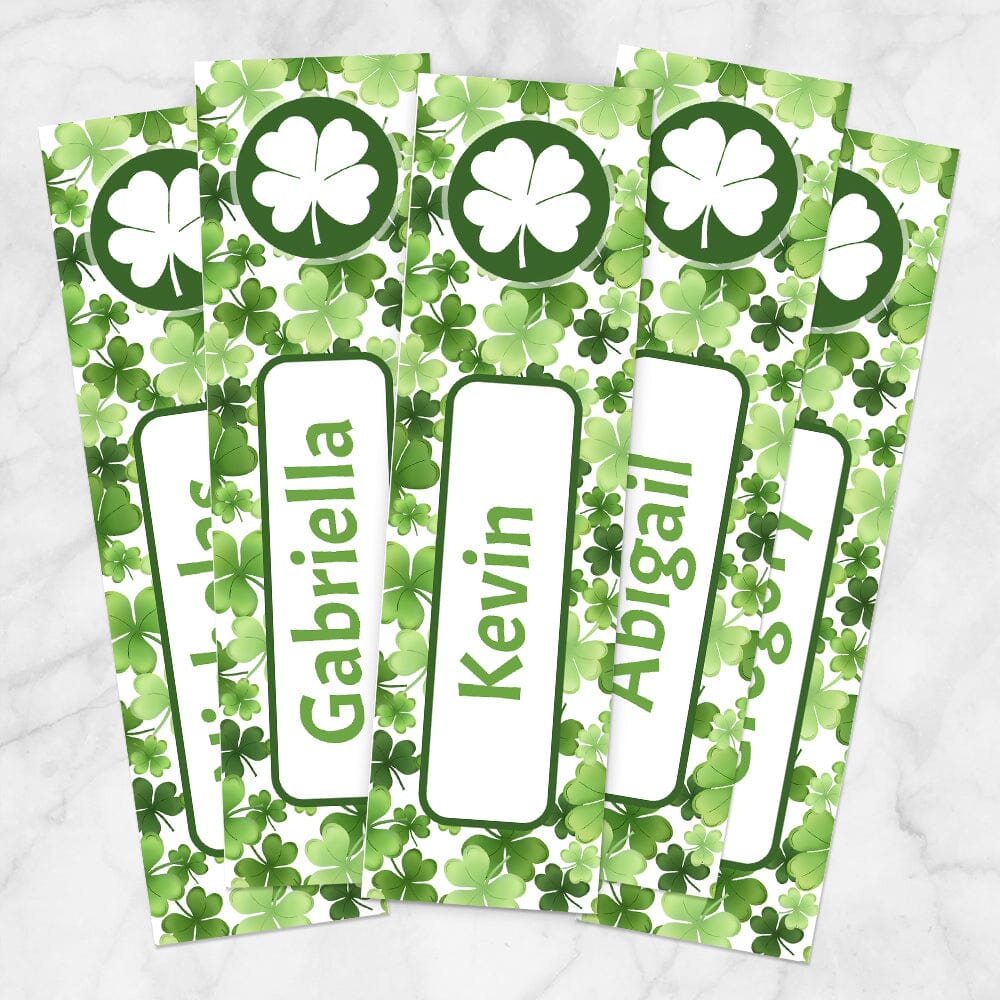 Printable Personalized Shamrocks 4-Leaf Clover Bookmarks at Printable Planning. Five bookmarks per printed page.