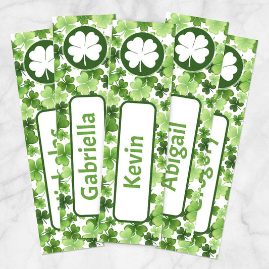 Printable Personalized Shamrocks 4-Leaf Clover Bookmarks at Printable Planning. Five bookmarks per printed page.