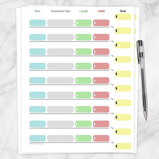 Printable Simple Color-Coded Financial Transaction Register at Printable Planning