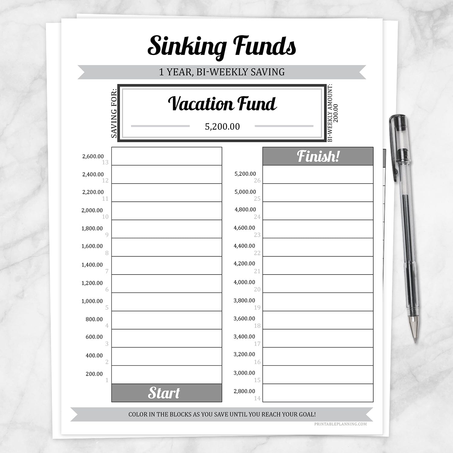 Printable Sinking Funds Savings Chart, 1 Year Bi-Weekly, at Printable Planning