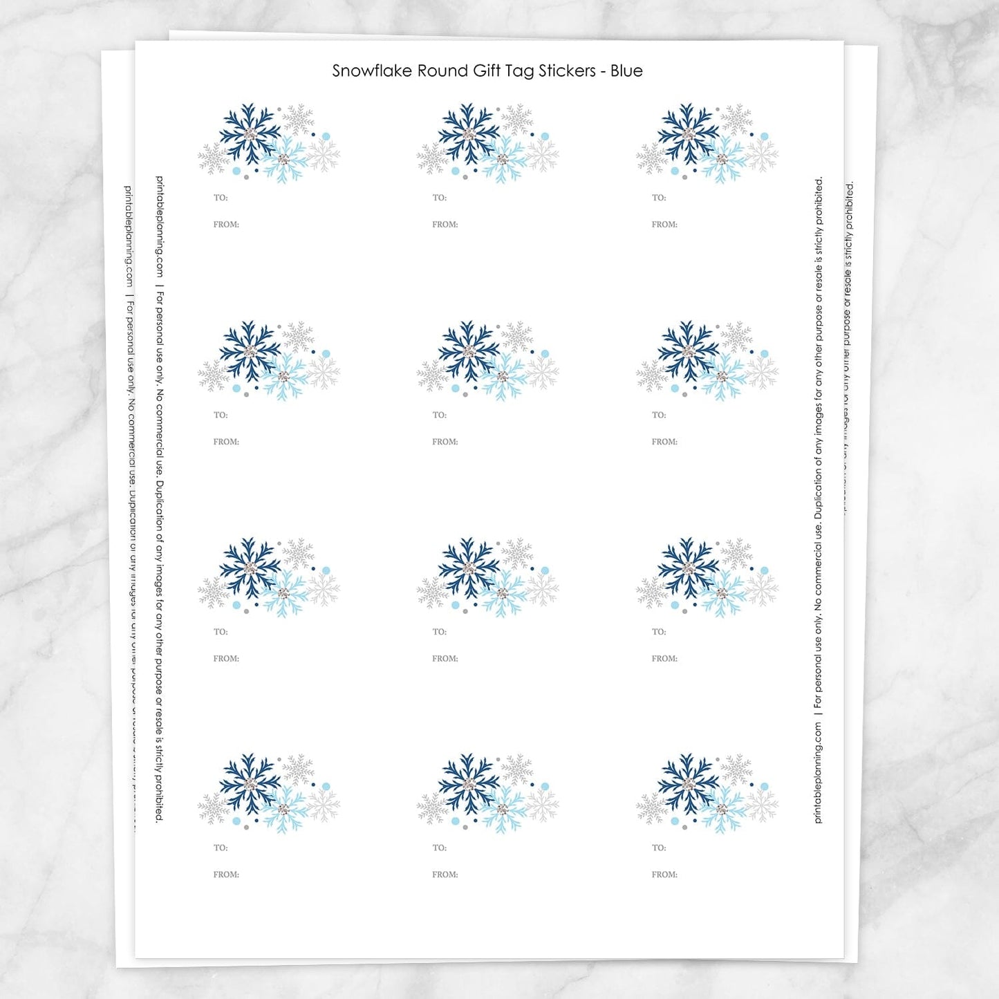 Printable Blue Snowflake Gift Tag Stickers at Printable Planning. Sheet of 12 stickers.