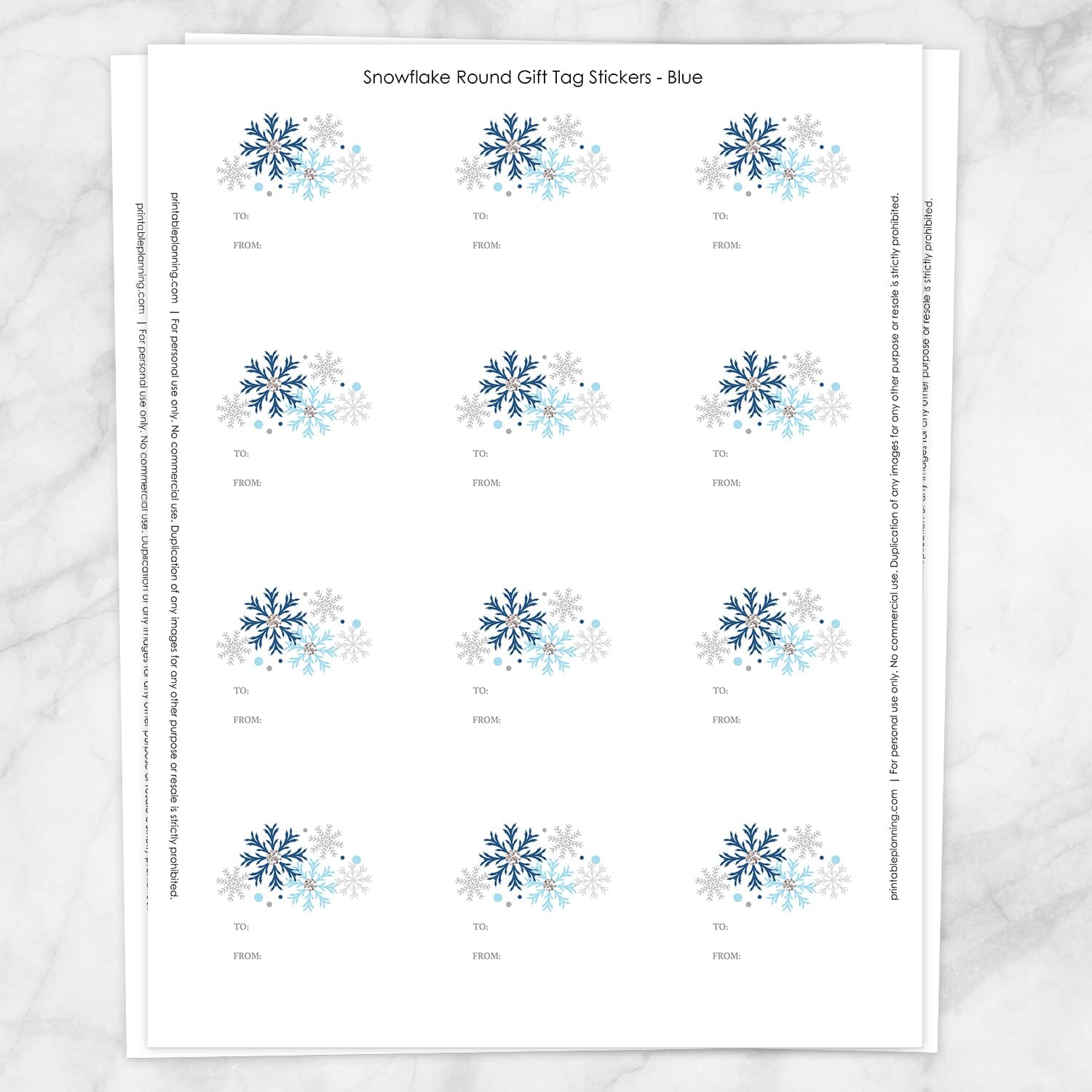 Printable Blue Snowflake Gift Tag Stickers at Printable Planning. Sheet of 12 stickers.
