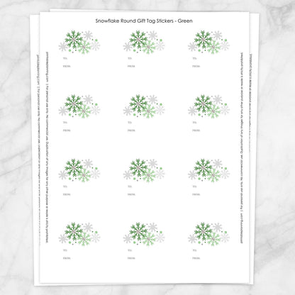 Printable Green Snowflake Gift Tag Stickers at Printable Planning. Sheet of 12 stickers.