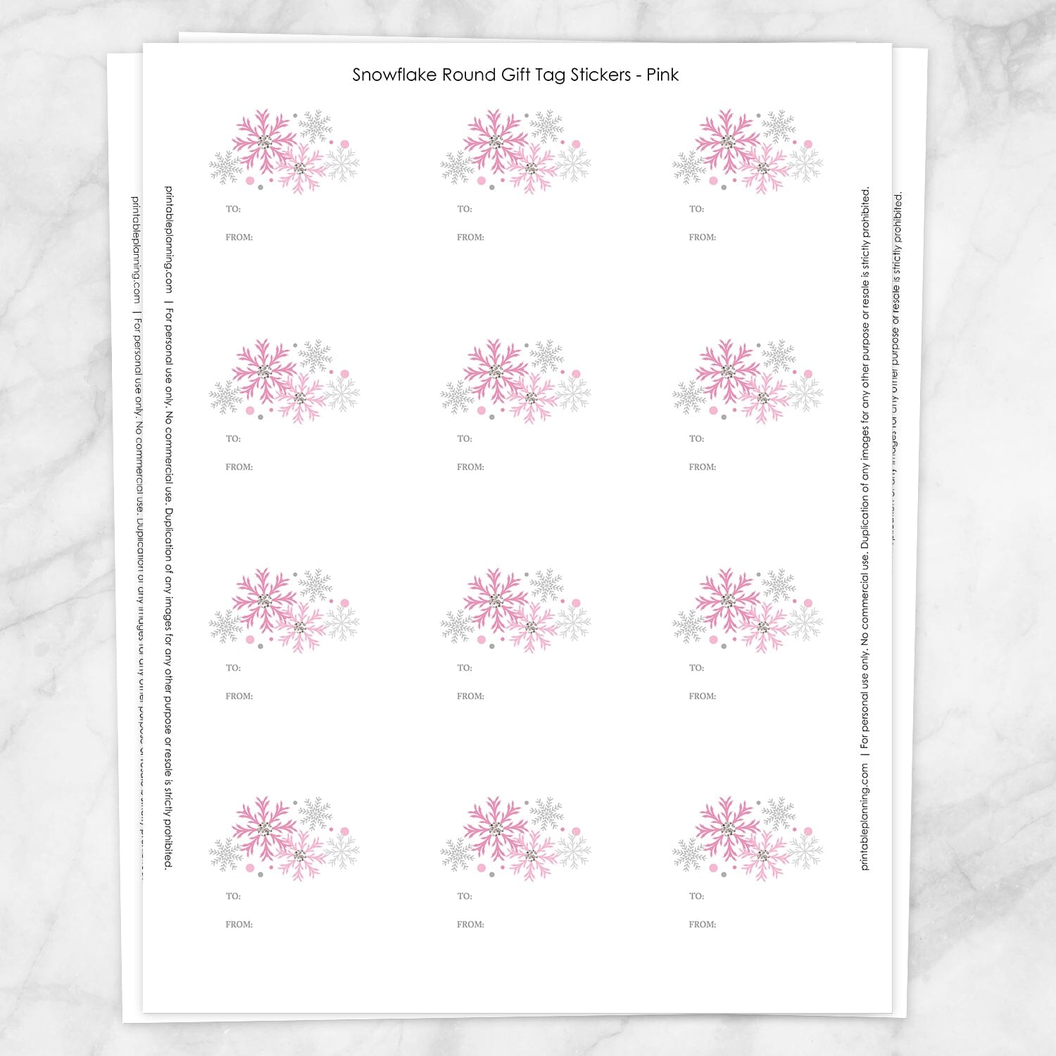 Printable Pink Snowflake Gift Tag Stickers at Printable Planning. Sheet of 12 stickers.