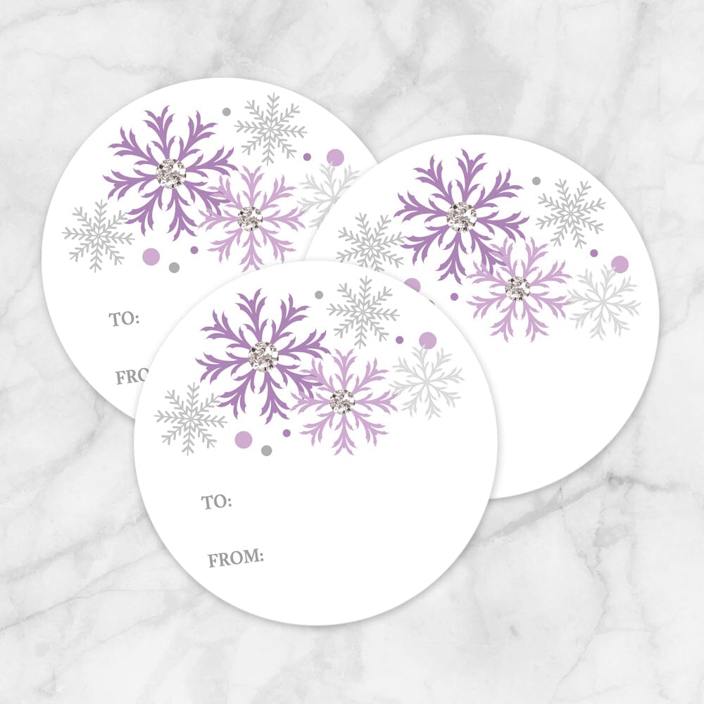 Printable Purple Snowflake Gift Tag Stickers at Printable Planning. Example of 3 stickers.