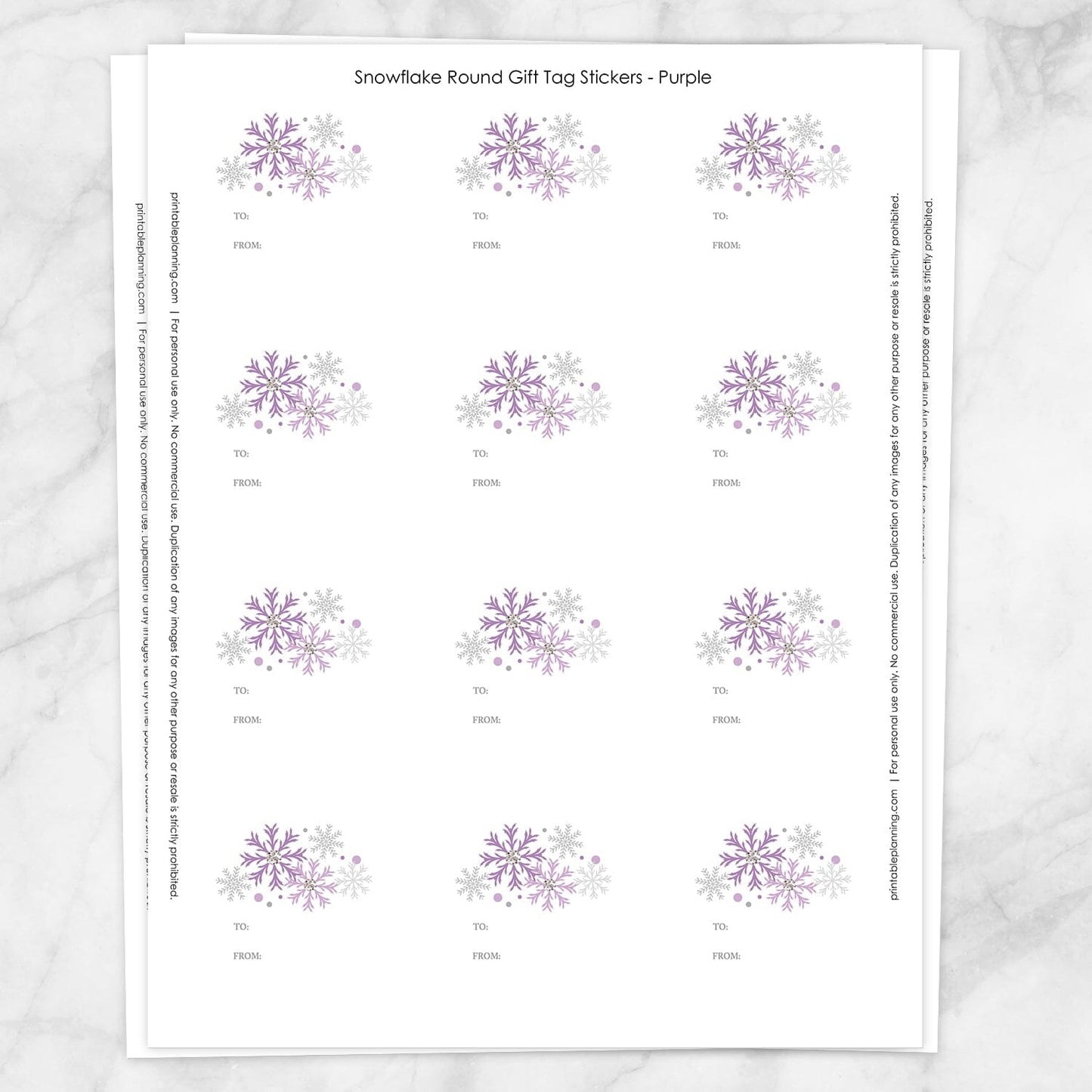 Printable Purple Snowflake Gift Tag Stickers at Printable Planning. Sheet of 12 stickers.