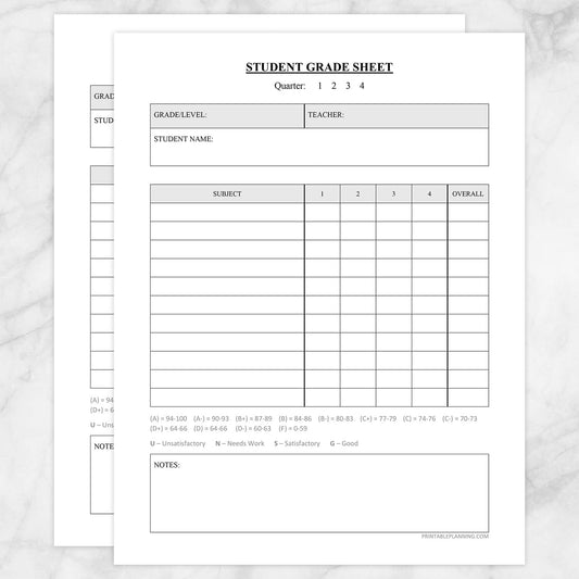 Printable Student Grade Sheet - Quarters or Trimesters, at Printable Planning