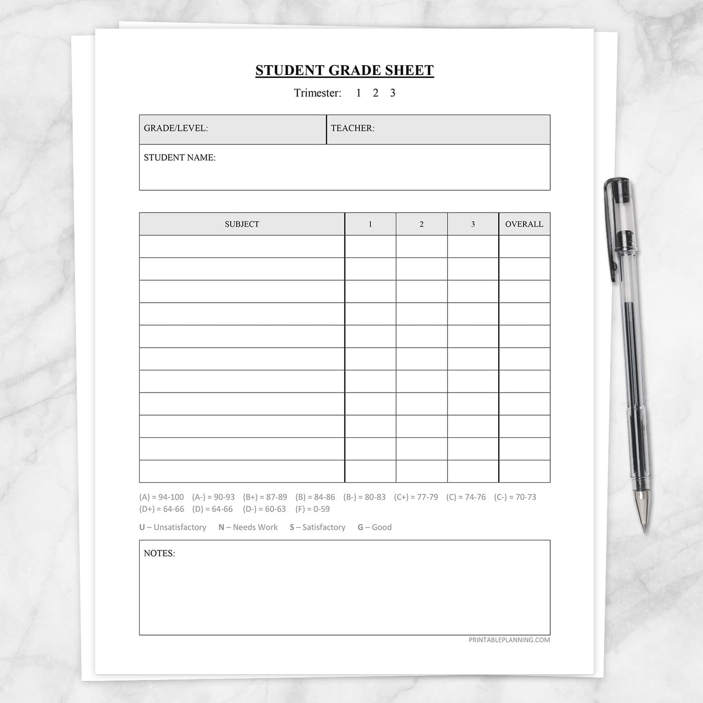 Printable Student Grade Sheet - Quarters or Trimesters, at Printable Planning