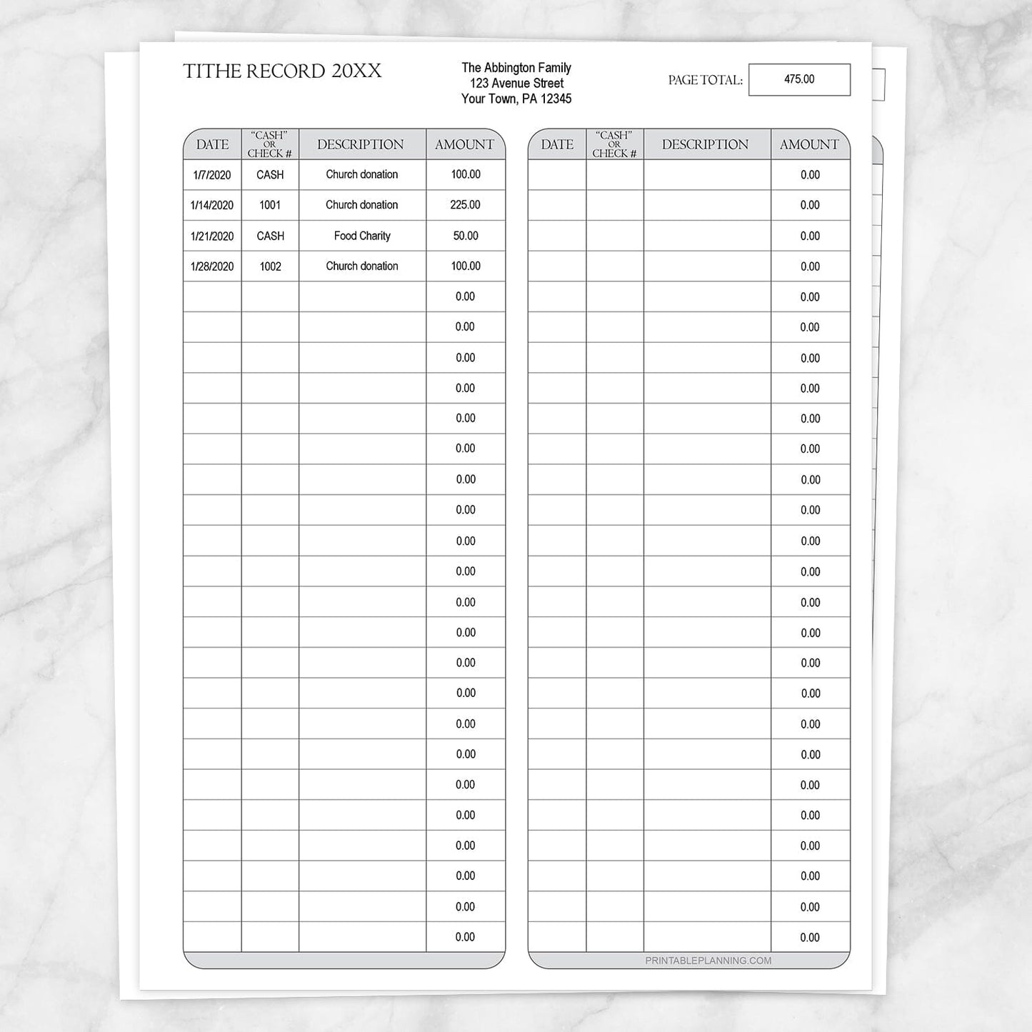 Printable Tithe Record with Auto-Calculating Total at Printable Planning