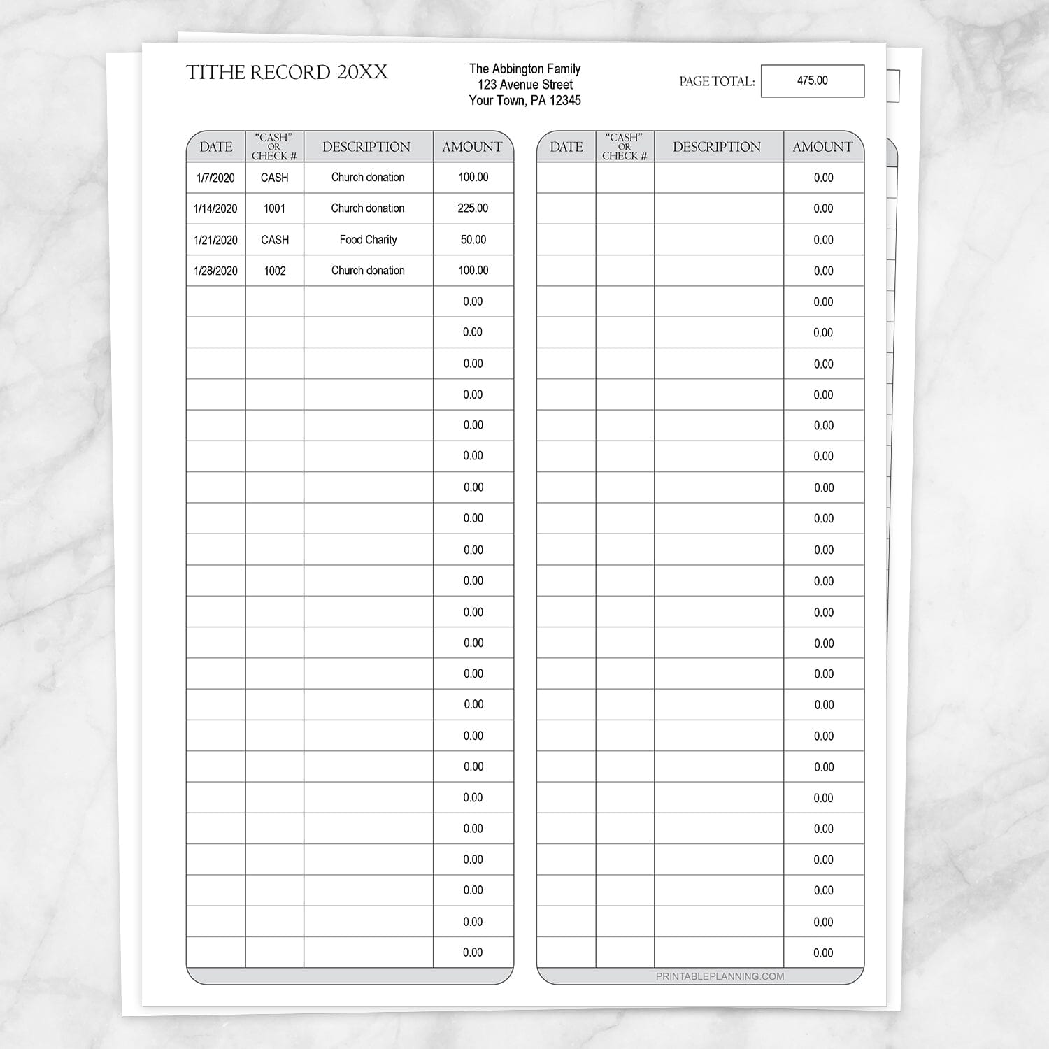 Printable Tithe Record with Auto-Calculating Total at Printable Planning