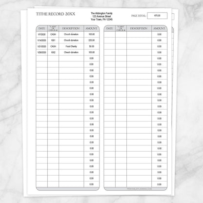 Printable Tithe Record with Auto-Calculating Total at Printable Planning