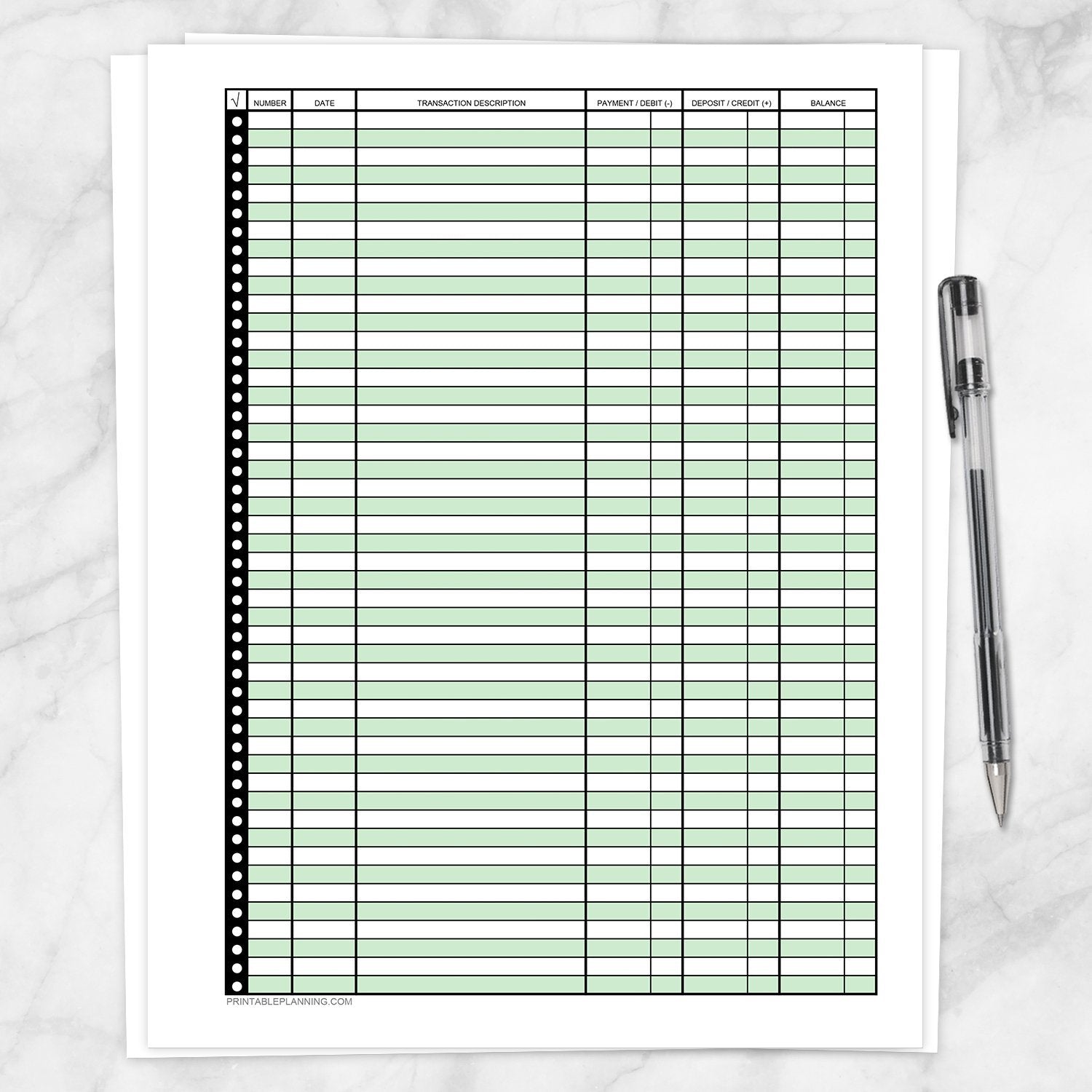 Transaction Register Names Green Printable Check Register | Full-Page Bank Tracker – Printable ...