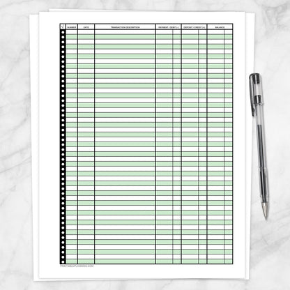 Printable Financial Transaction Register in Green - Full Page, at Printable Planning