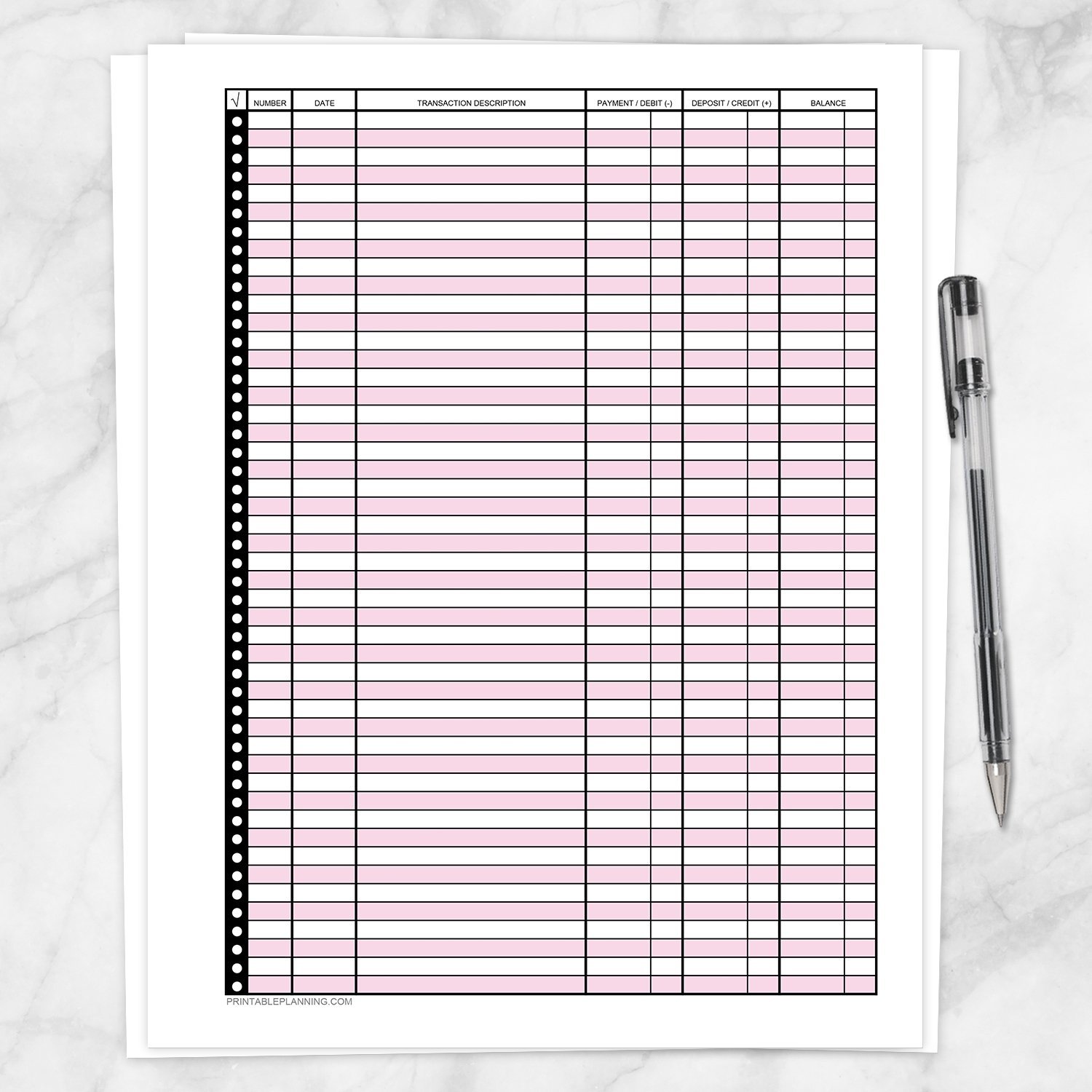 Printable Financial Transaction Register in Pink - Full Page, at Printable Planning