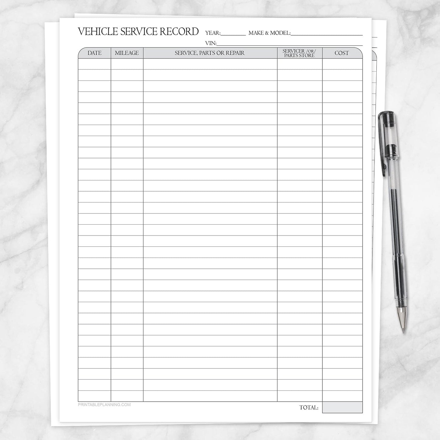 Printable Vehicle Service Record (blank version available for filling it out by hand) at Printable Planning