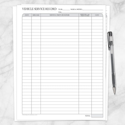 Printable Vehicle Service Record (blank version available for filling it out by hand) at Printable Planning