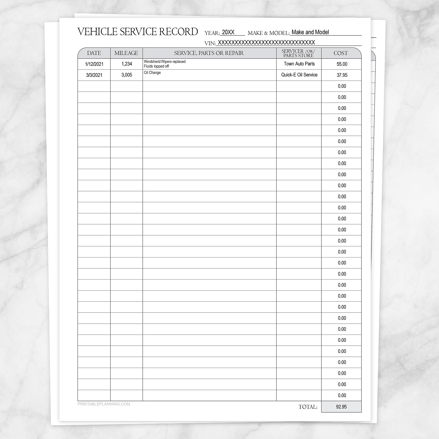 Printable Vehicle Service Record with Auto-Calculating Total at Printable Planning