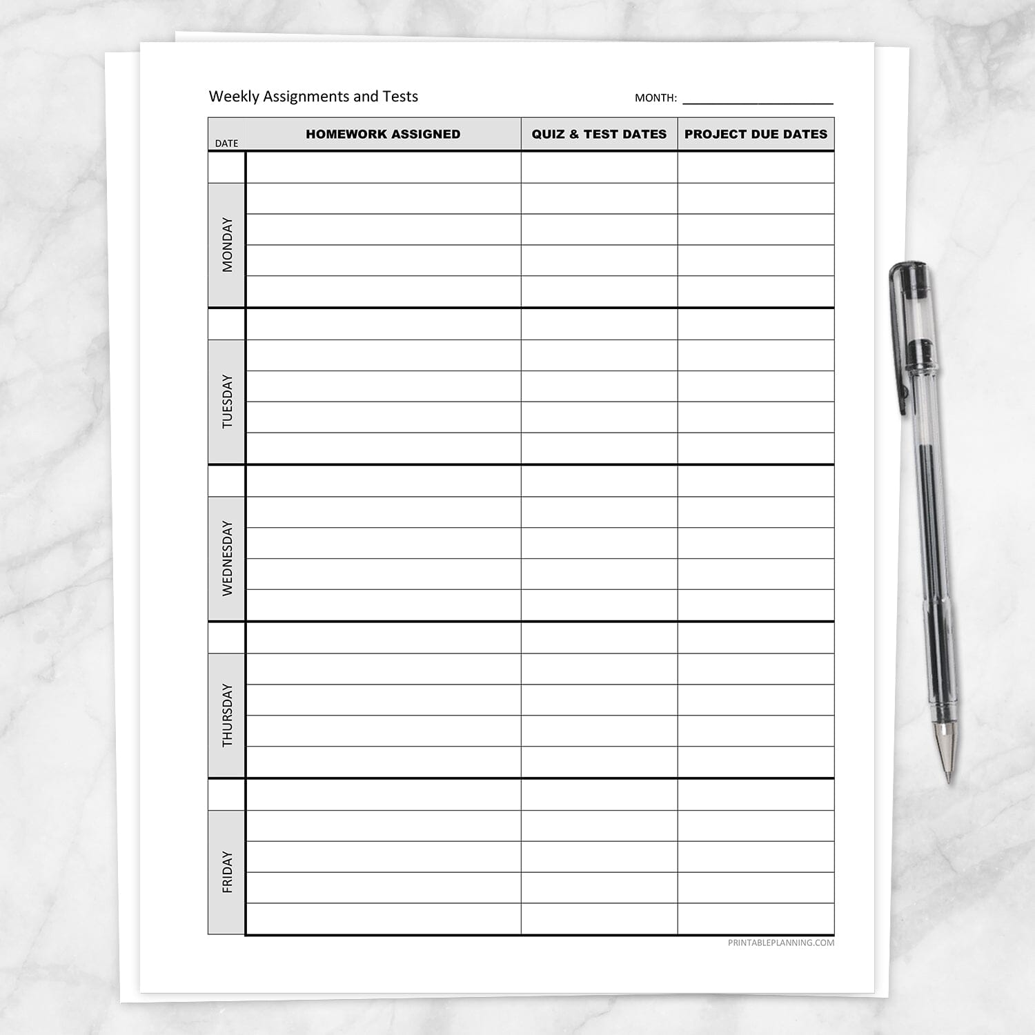 Printable Weekly School Assignments and Tests Sheet (front side) at Printable Planning