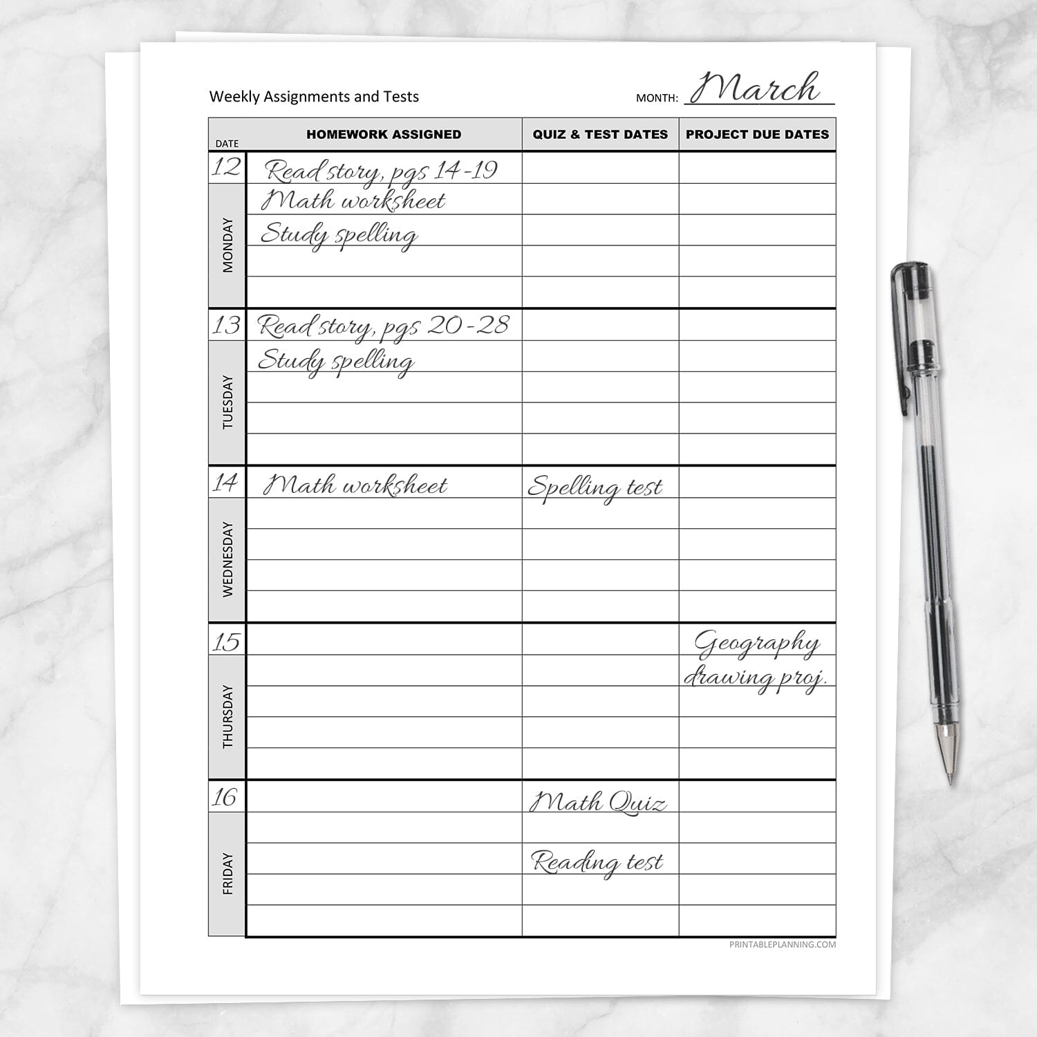 Printable Assignment Sheets
