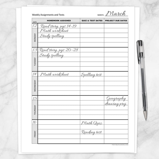 Printable Weekly School Assignments and Tests Sheet (front side filled in) at Printable Planning