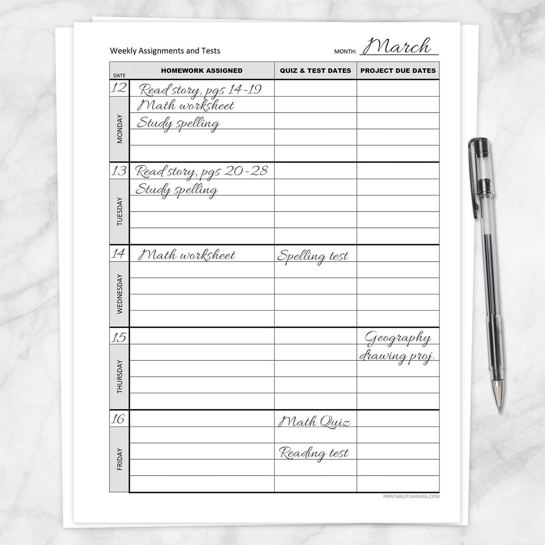 Weekly School Assignments And Tests Sheet - Printable At Printable 