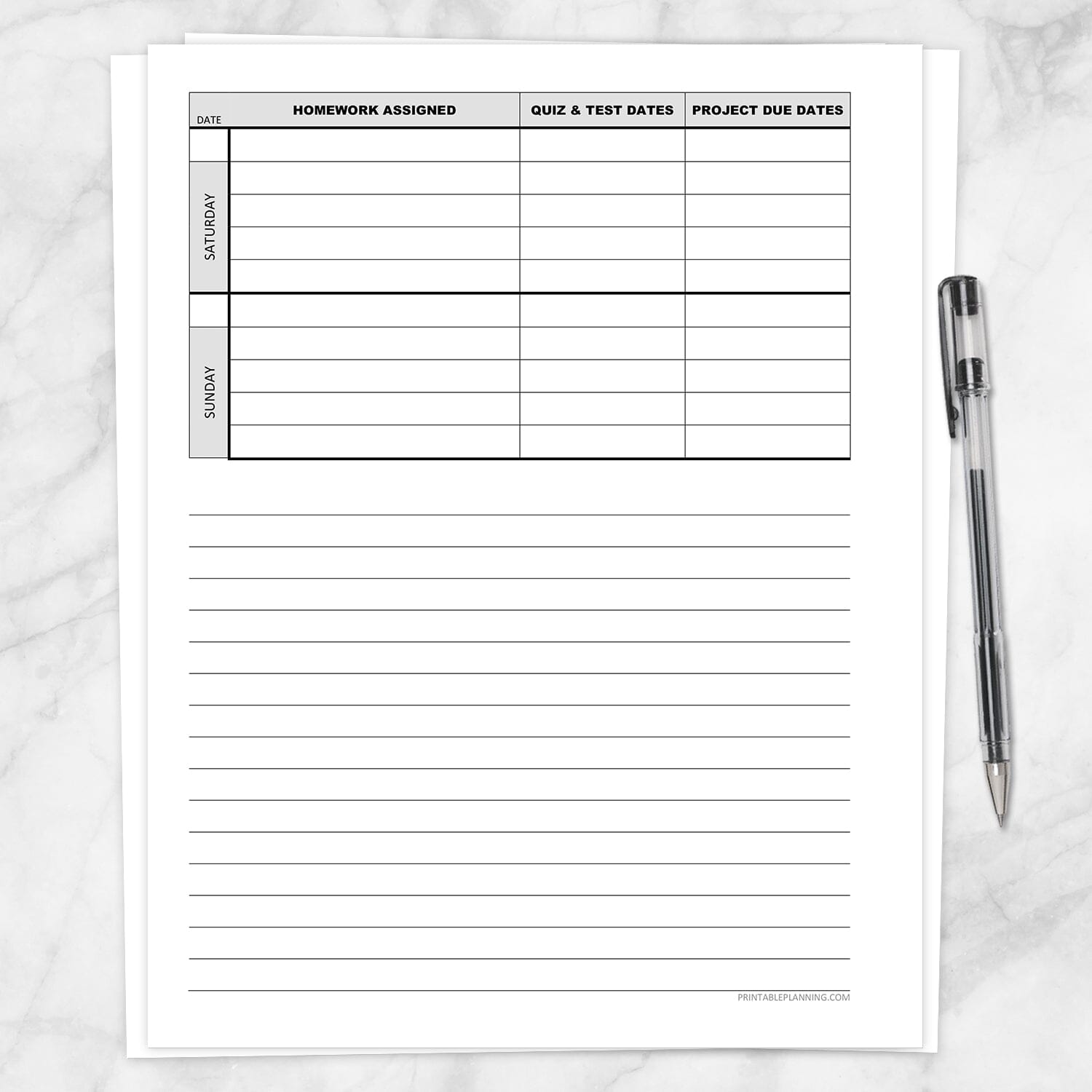Printable Weekly School Assignments and Tests Sheet (back side) at Printable Planning
