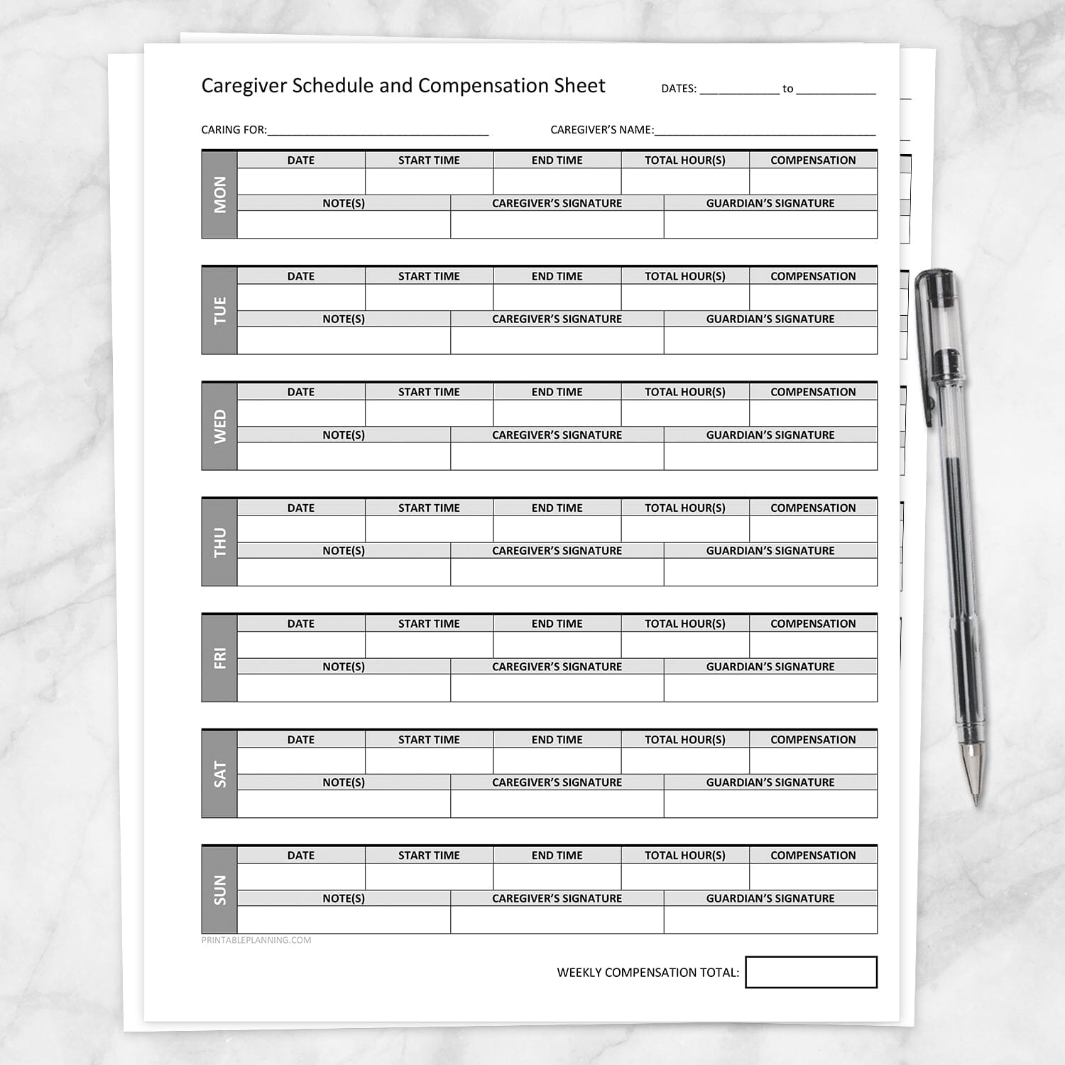 Printable Caregiver Schedule and Compensation Sheet at Printable Planning. A printable weekly Caregiver Schedule and Compensation sheet. This printable page allows you to keep a weekly schedule for your caregiver and then log their hours, compensation, any relevant notes, and have the caregiver and guardian sign off on the day. The days run Monday through Sunday, top to bottom. There is a box at the bottom to log a total for the week in compensation paid to the caregiver. 