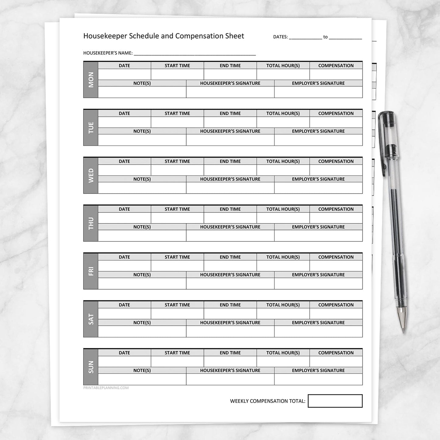 Printable Housekeeper Schedule and Compensation Sheet at Printable Planning