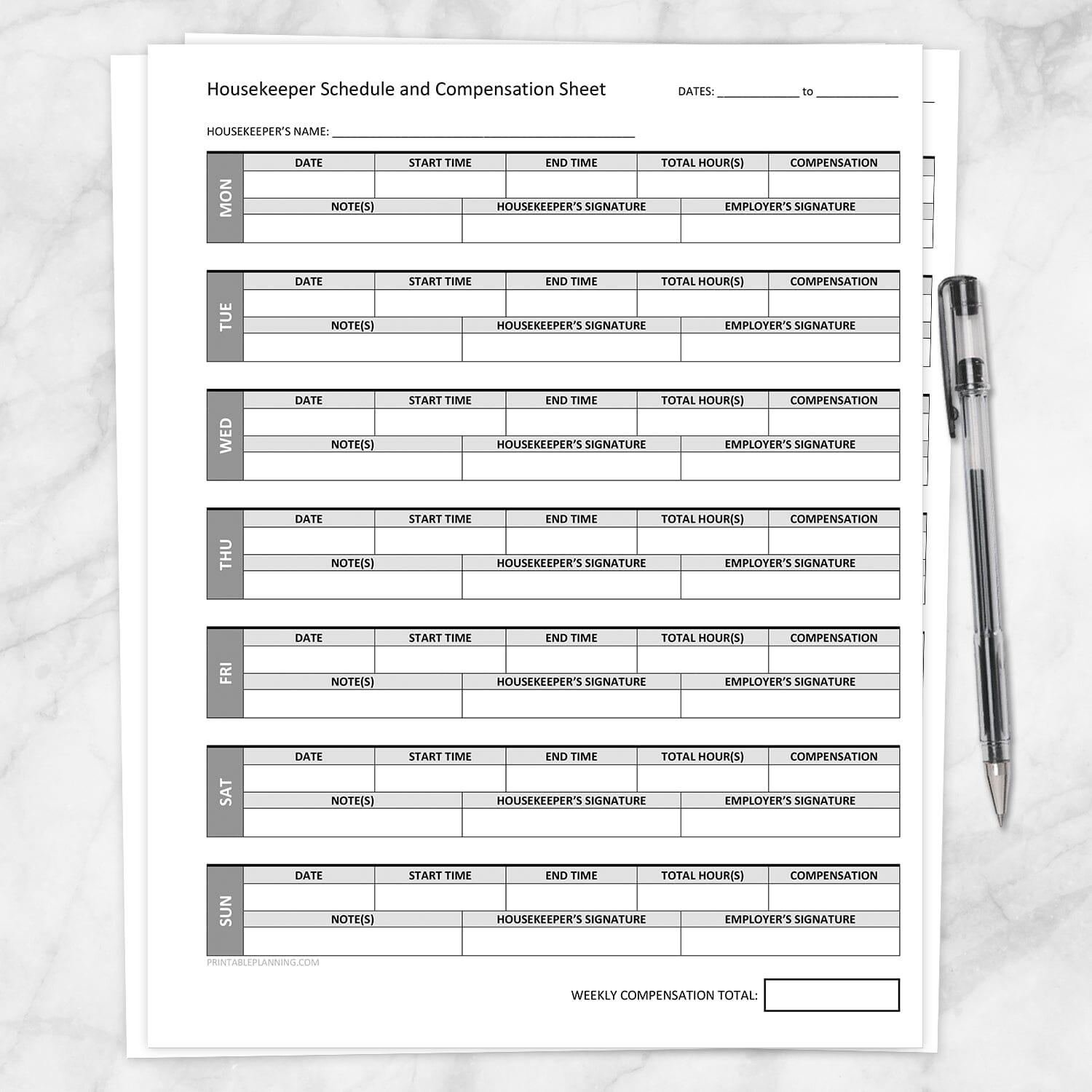 Printable Housekeeper Schedule and Compensation Sheet at Printable Planning
