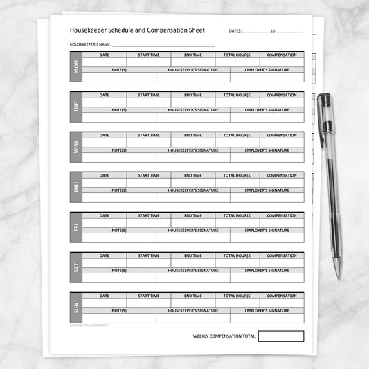 Printable Housekeeper Schedule and Compensation Sheet at Printable Planning